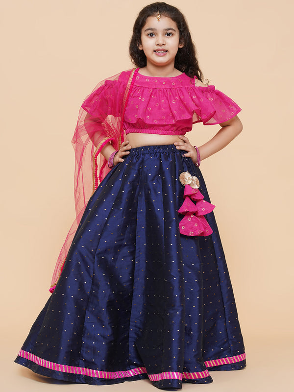 Jashvi  Girls Printed Foil Print Ready to Wear Lehenga & Blouse With Dupatta