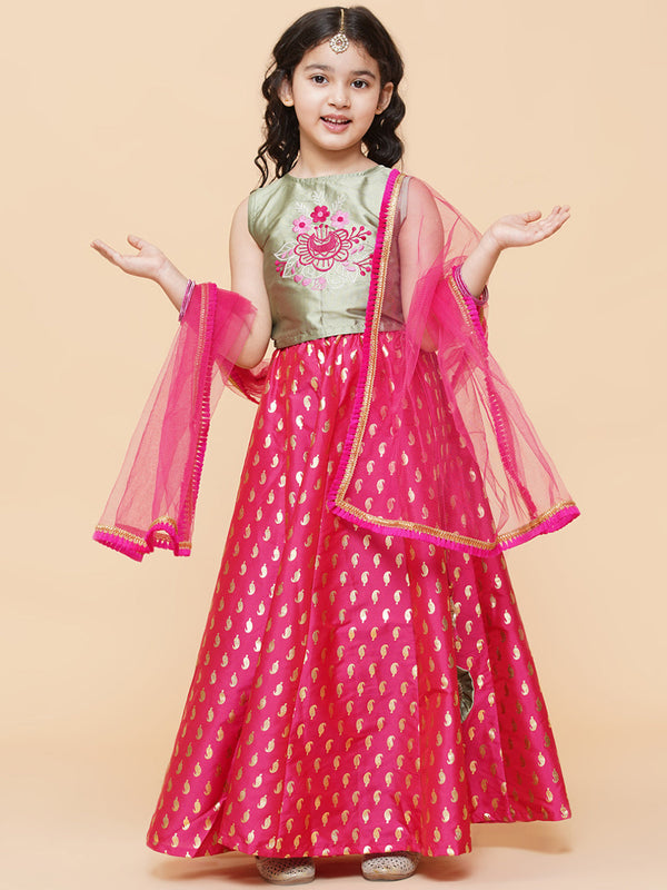 Girls Green & Pink Embroidered Foil Print Ready To Wear Lehenga Choli - Bitiya By Bhama