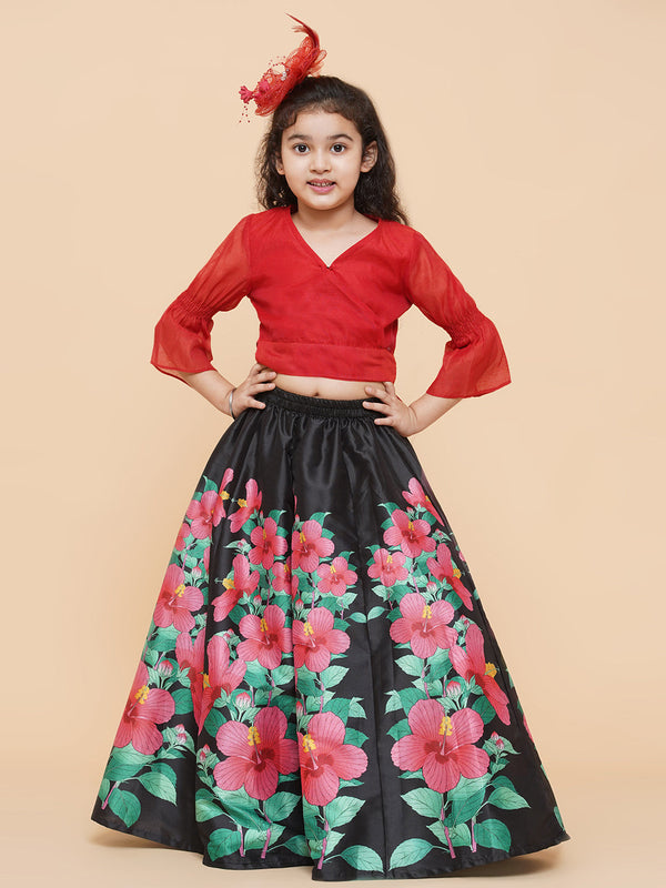 Jashvi Girls Red & Black Printed Ready To Wear Lehenga & Blouse