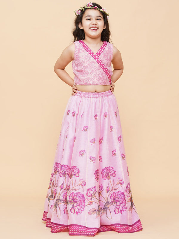 Jashvi  Girls Pink & Lavender Printed Ready to Wear Lehenga with Blouse