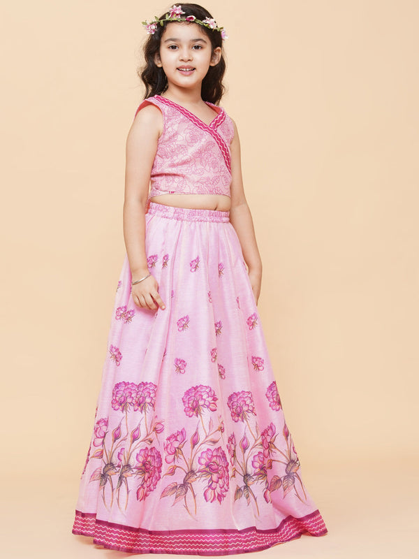 Girls Pink & Lavender Printed Ready To Wear Lehenga With Blouse - Bitiya By Bhama