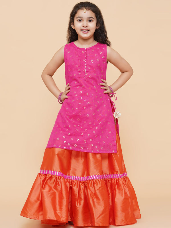 Girls Pink & Orange Printed Ready To Wear Lehenga Choli - Bitiya By Bhama