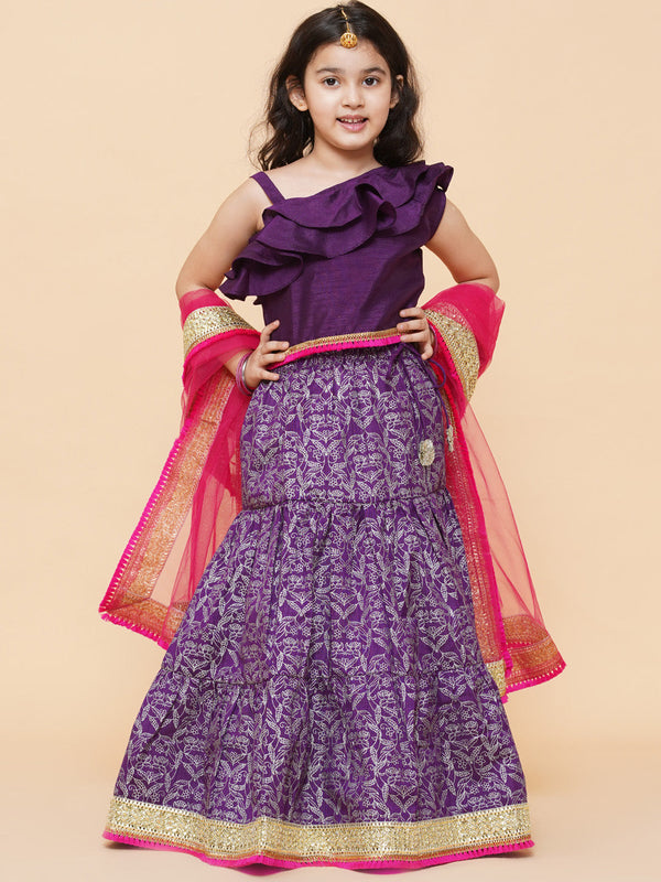 Jashvi  Girls Purple & Magenta Ready to Wear Lehenga & Blouse With Dupatta