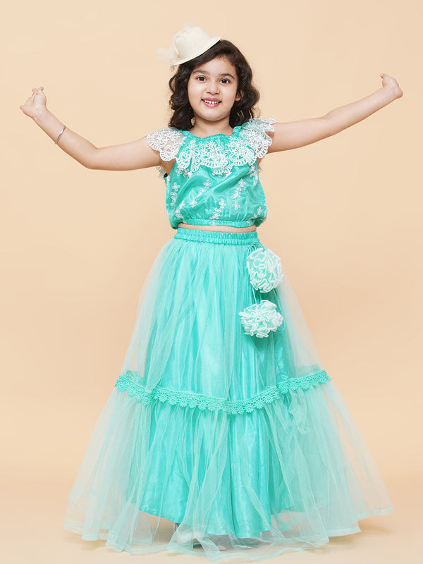 Jashvi Girls Sea Green & White Embroidered Ready To Wear Lehenga Chol