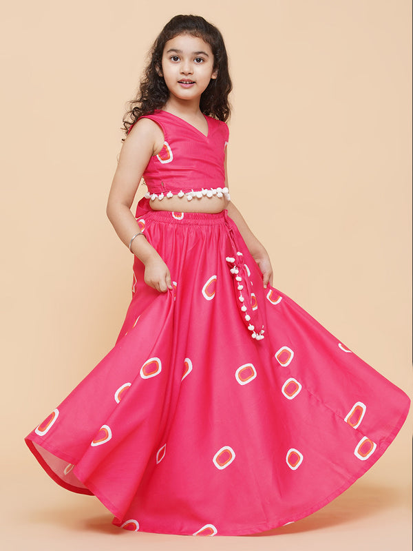 Jashvi  Girls Pink & Off White Printed Cotton Ready to Wear Lehenga