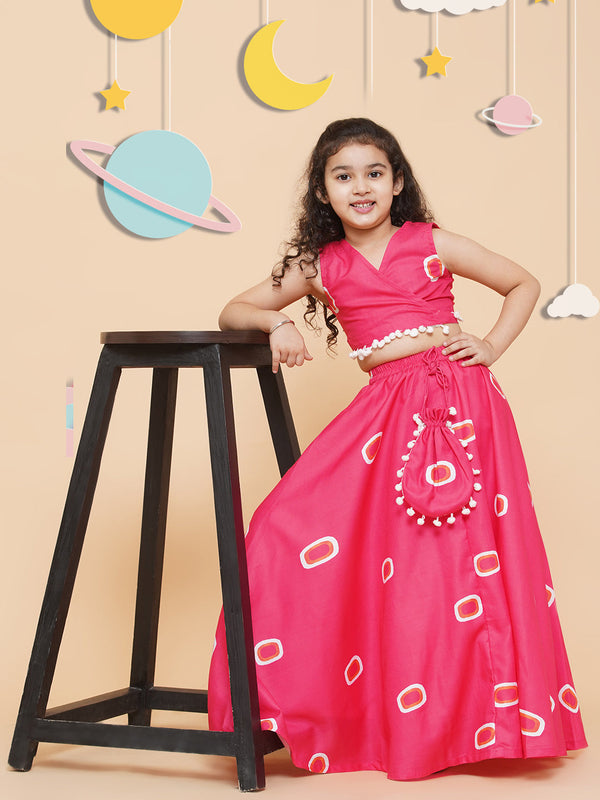 Girls Pink & Off White Printed Cotton Ready To Wear Lehenga - Bitiya By Bhama