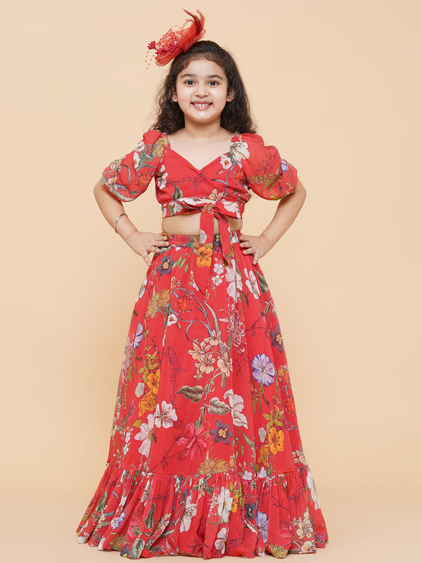 Jashvi Girls Red Flower Digital Print Ready To Wear Lehenga Choli