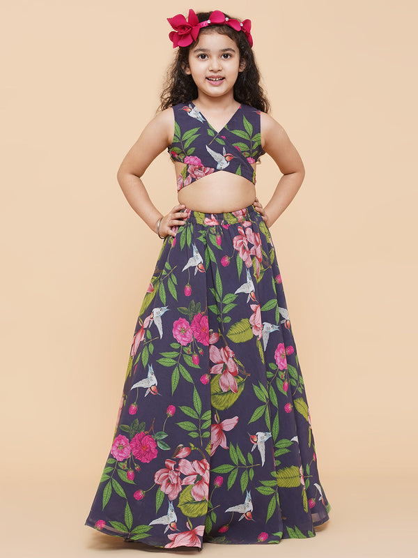 Girls Blue Flower Digital Print Ready To Wear Lehenga Choli - Bitiya By Bhama