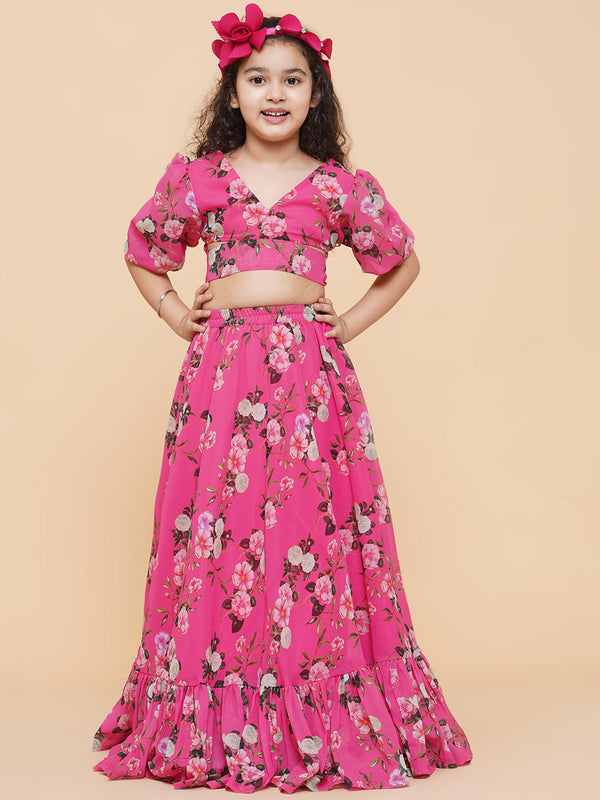 Girls Pink Flower Digital Print Ready To Wear Lehenga Choli - Bitiya By Bhama