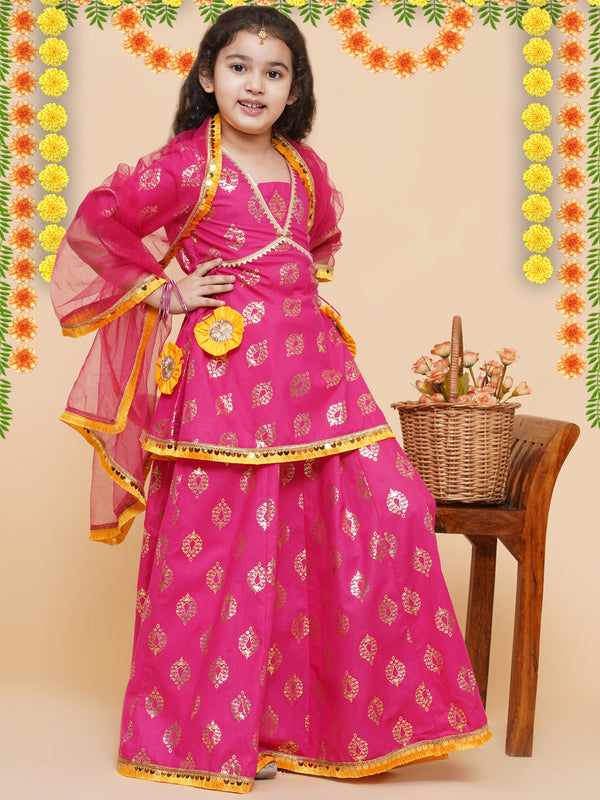 Girls Pink Foil Printed Ready To Wear Lehenga & Blouse With Dupatta - Bitiya By Bhama