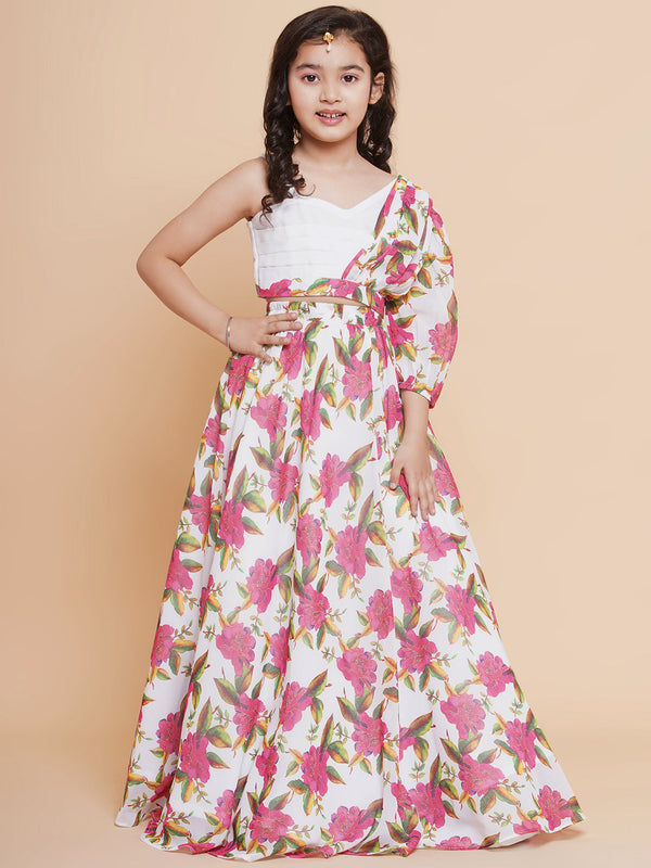 Girls Off White Printed Georgette Lehenga With Choli. - Bitiya By Bhama