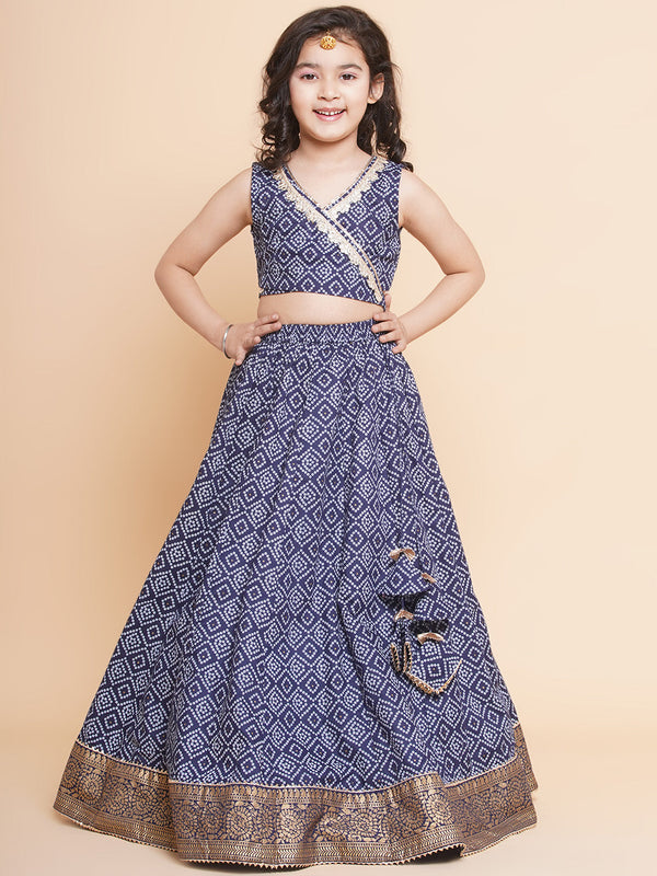 Girls Navy Bandhej Printed Lace Work Ready To Wear Choli With Lehenga - Bitiya By Bhama