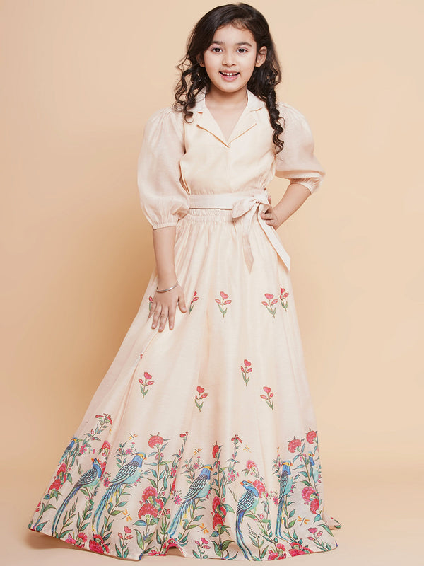 Jashvi Girls Beige Peacock Printed Ready to wear Lehenga with Choli