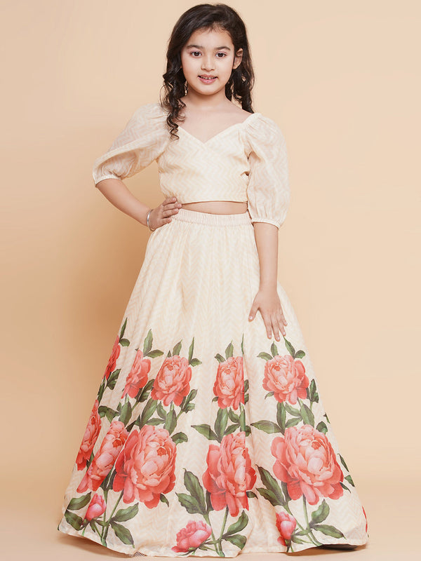 Girls Beige Rose Flower Ready To Wear Lehenga With Choli - Bitiya By Bhama