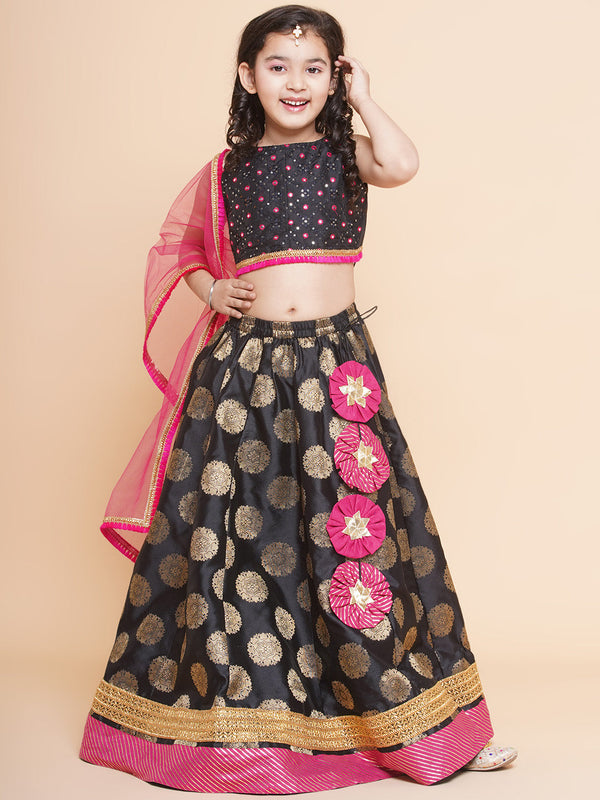 Girls Black & Gold-Toned Embroidered Ready To Wear Lehenga & Blouse With Dupatta - Bitiya By Bhama