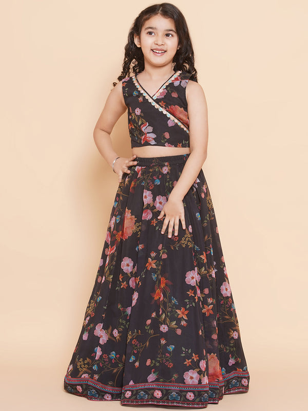 Girls Black Georgette Printed Lace Work Choli Ready To Wear Lehenga - Bitiya By Bhama