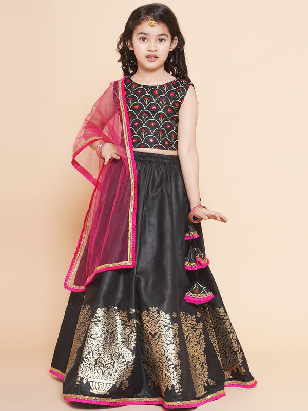 Girls Black Embroidered Choli, With Printed Lehenga Has A Dupatta - Bitiya By Bhama