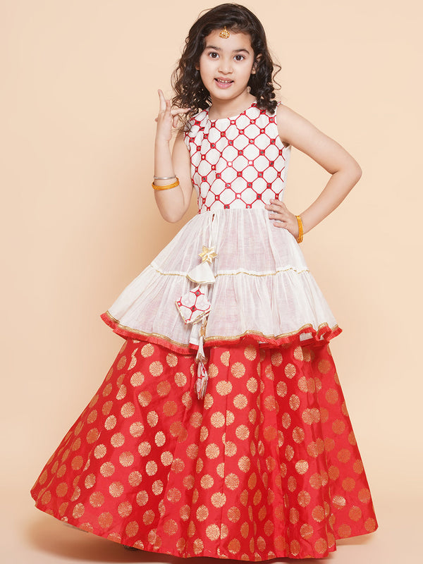 Girls Off White Mirror Embroidered Lace Work Choli With Red Woven Lehenga - Bitiya By Bhama