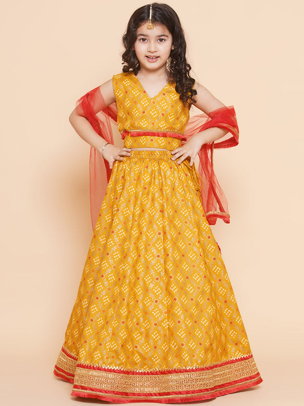 Girls Yellow Mustard Bandhej Printed Lace Work Lehanga,Choli With Dupatta. - Bitiya By Bhama