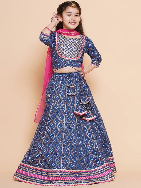 Girls Blue & Pink Printed Ready To Wear Lehenga & Blouse With Dupatta - Bitiya By Bhama