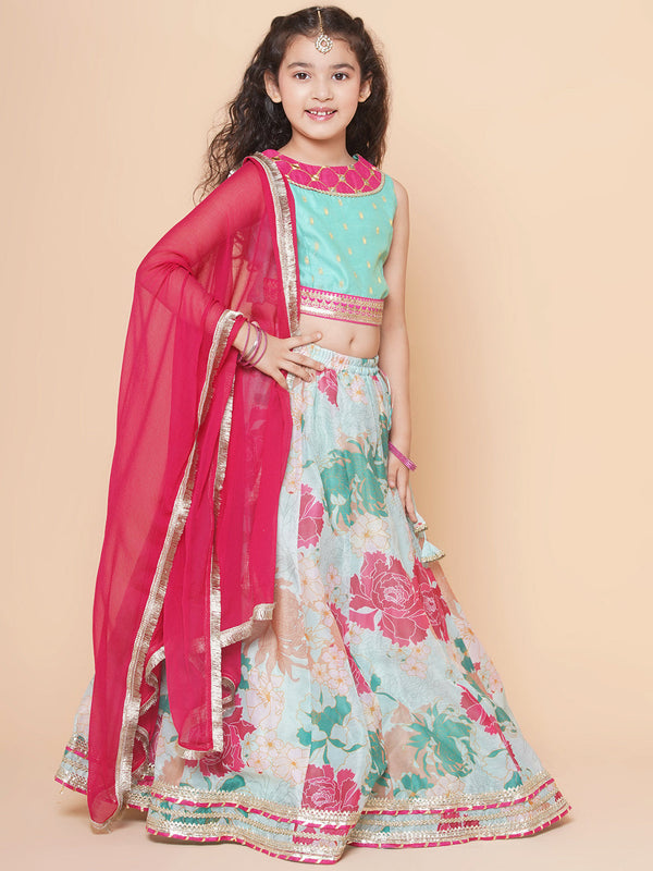 Jashvi Girls Pink Green Multi printed lehenga with Pink Embroiderd Choli with Pink Dupatta