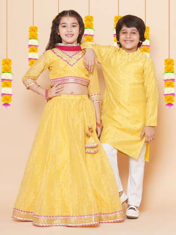 Jashvi Girls Yellow Jacquard booti Lehenga Choli Ready to Wear with Pink Dupatta