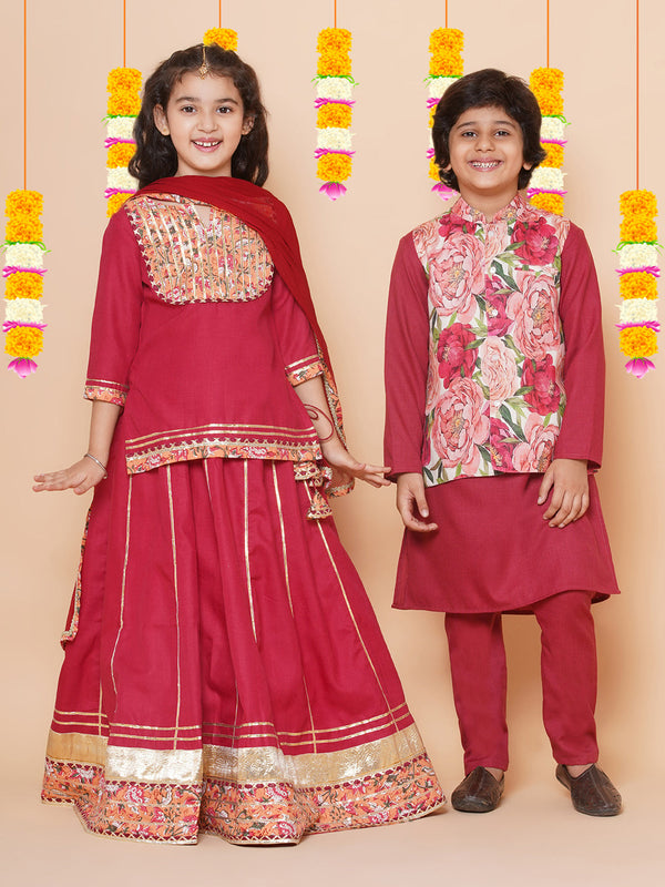 Jashvi Girls Maroon & Peach Lace work kurti Ready to wear Lehenga with Dupatta