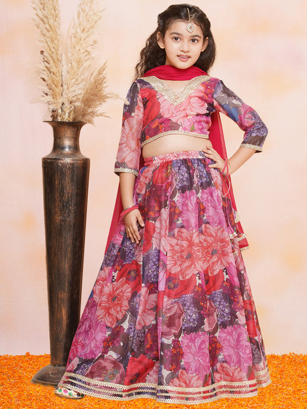 Jashvi Girls Purple & Pink Digital Flower Print Lace work Choli Lehenga with Dupatta