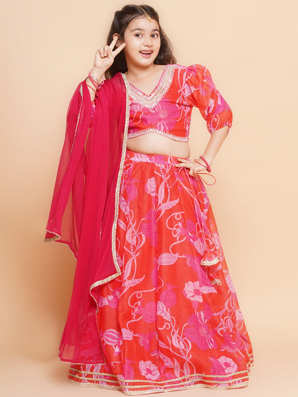 Jashvi Girls Red & Pink Digital Flower Print Lace work Choli Lehenga with Dupatta