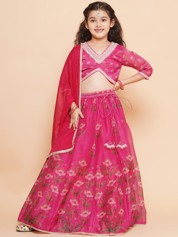 Jashvi Girls Dark Pink Floral Printed Ready to Wear Lehenga & Blouse With Dupatta