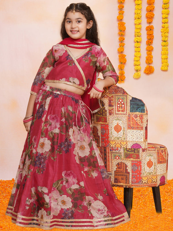 Jashvi Girls Maroon Floral Printed Ready to Wear Lehenga & Blouse With Dupatta