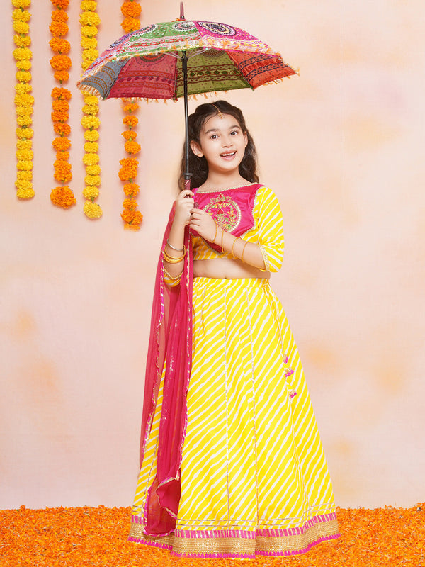 Jashvi Girls Yellow Leheriya Printed Lehenga & Pink Embroidered Choli with Dupatta