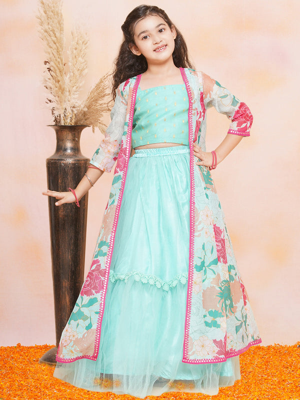 Jashvi Girls Sea Green Multi Floral Printed Ready to Wear Lehenga & Blouse With Shrug