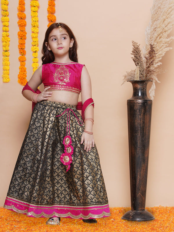 Jashvi Girls Pink Embroidered Choli & Black foil printed Ready to Wear Lehenga With Dupatta