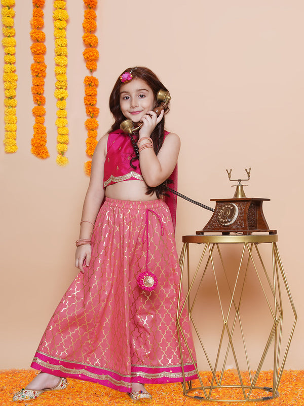 Jashvi Girls Pink Embroidered Choli Peach Jaal foil printed Lehenga With Dupatta