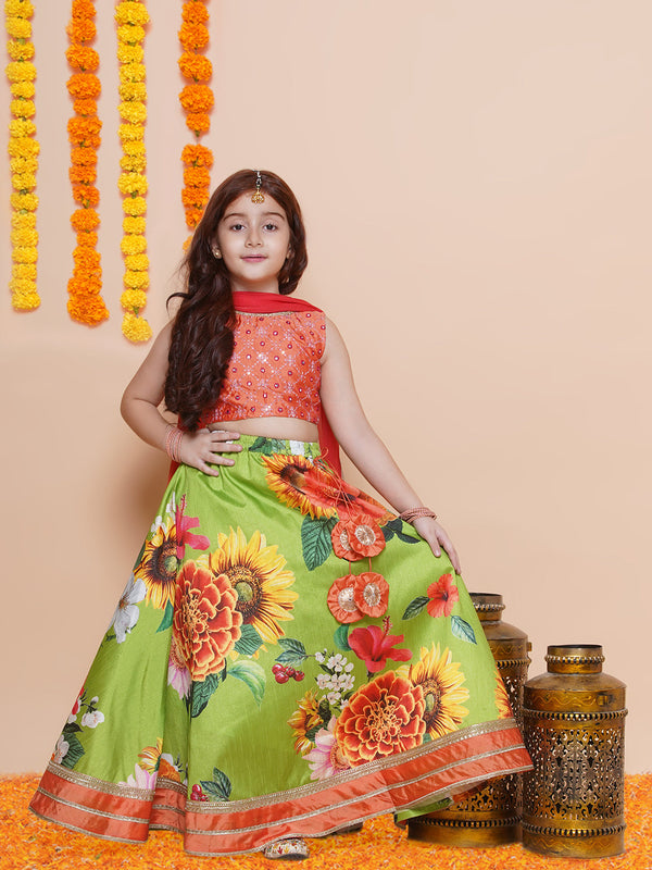 Jashvi Girls Orange Embroidered Choli Green Flower printed Lehenga With Dupatta