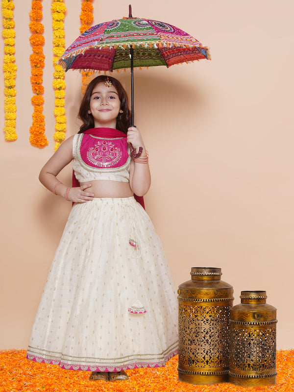 Jashvi Girls Off white Jacquard booti lehenga & Pink Embroidered Choli Lehenga With Dupatta