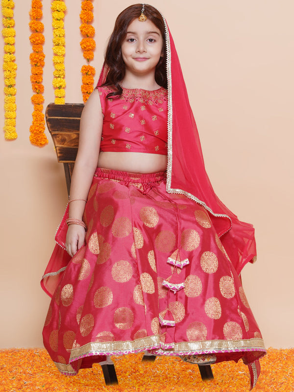 Jashvi Girls Peach embroidered & Banarasi Woven Design Lehenga & Choli With Dupatta