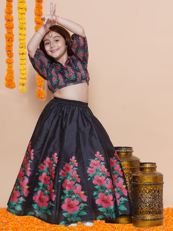 Jashvi  Girls Black Floral Printed Ready to Wear Lehenga & Blouse