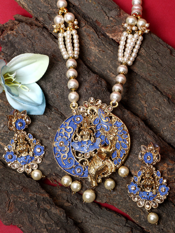 Women's Antique Matte Gold Finish Meenakari  Pearl Temple Jewellery - Anikas Creation