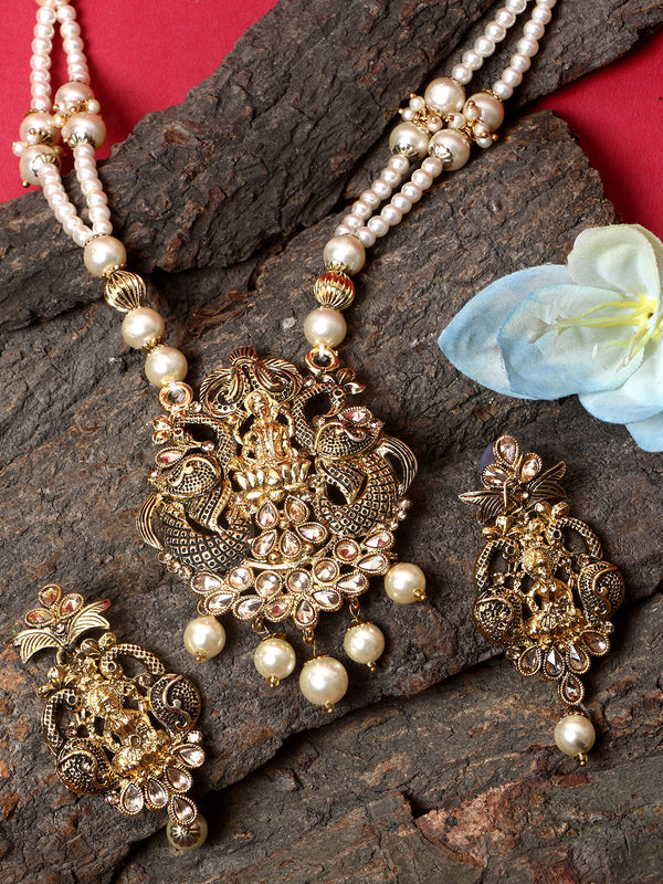 Women's Antique Matte Gold Finish Meenakari  Pearl  Temple Jewellery - Anikas Creation