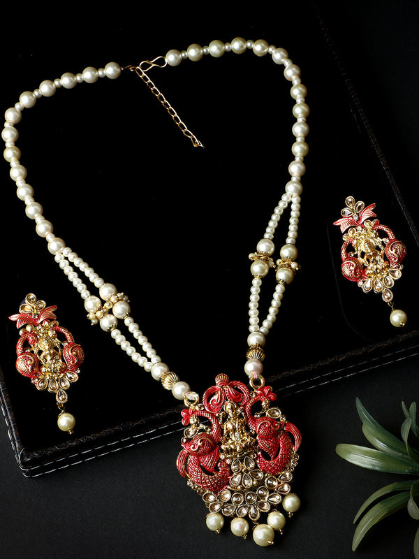 Women's Antique Matte Gold Finish Meenakari  Pearl  Temple Jewellery - Anikas Creation