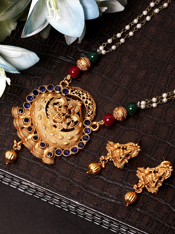 Women's Gold Plated Maa Laxmi Stone Studded Necklace With Earrrings - Anikas Creation