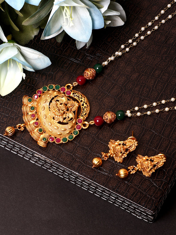 Women's Gold Plated Maa Laxmi Stone Studded Necklace With Earrrings - Anikas Creation