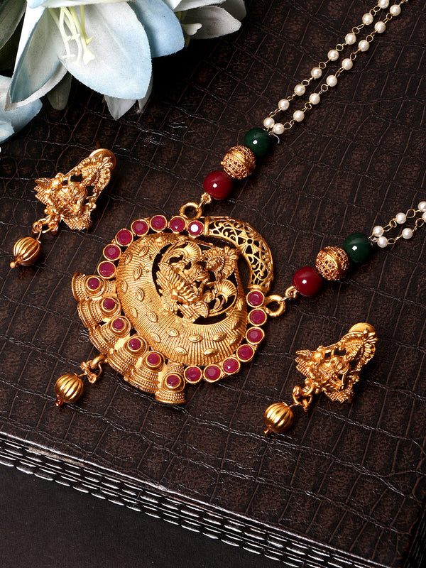 Women's Gold Plated Maa Laxmi Stone Studded Necklace With Earrrings - Anikas Creation