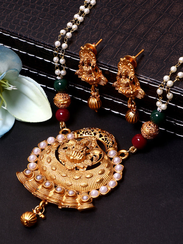 Women's Gold Plated Maa Laxmi Stone Studded Necklace With Earrrings - Anikas Creation