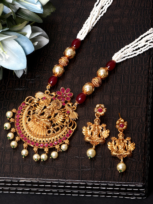 Women's Gold Plated Maa Laxmi Stone Studded Necklace With Earrrings - Anikas Creation