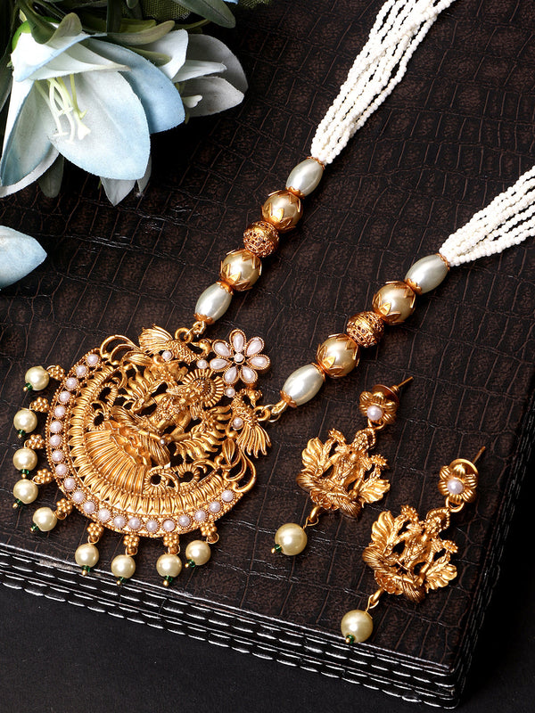 Women's Gold Plated Maa Laxmi Stone Studded Necklace With Earrrings - Anikas Creation