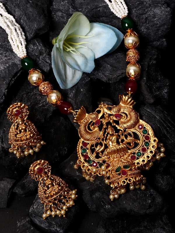 Women's Gold Plated Maa Laxmi Stone Studded Necklace With Earrrings - Anikas Creation