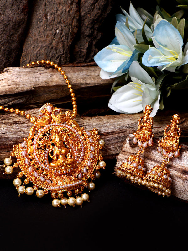 Women's Antique Matte Gold Finish Goddess Laxmi White Stone Studded Temple Jewellery set - Anikas Creation